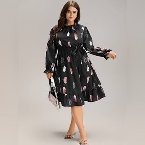 Feather print frill trim belted ruffle dress